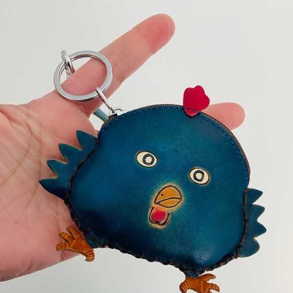 Made in Canada Leather Handmade Blue Hen Chicken Coin  Change Wallet Key Holder - Picture 2 of 4